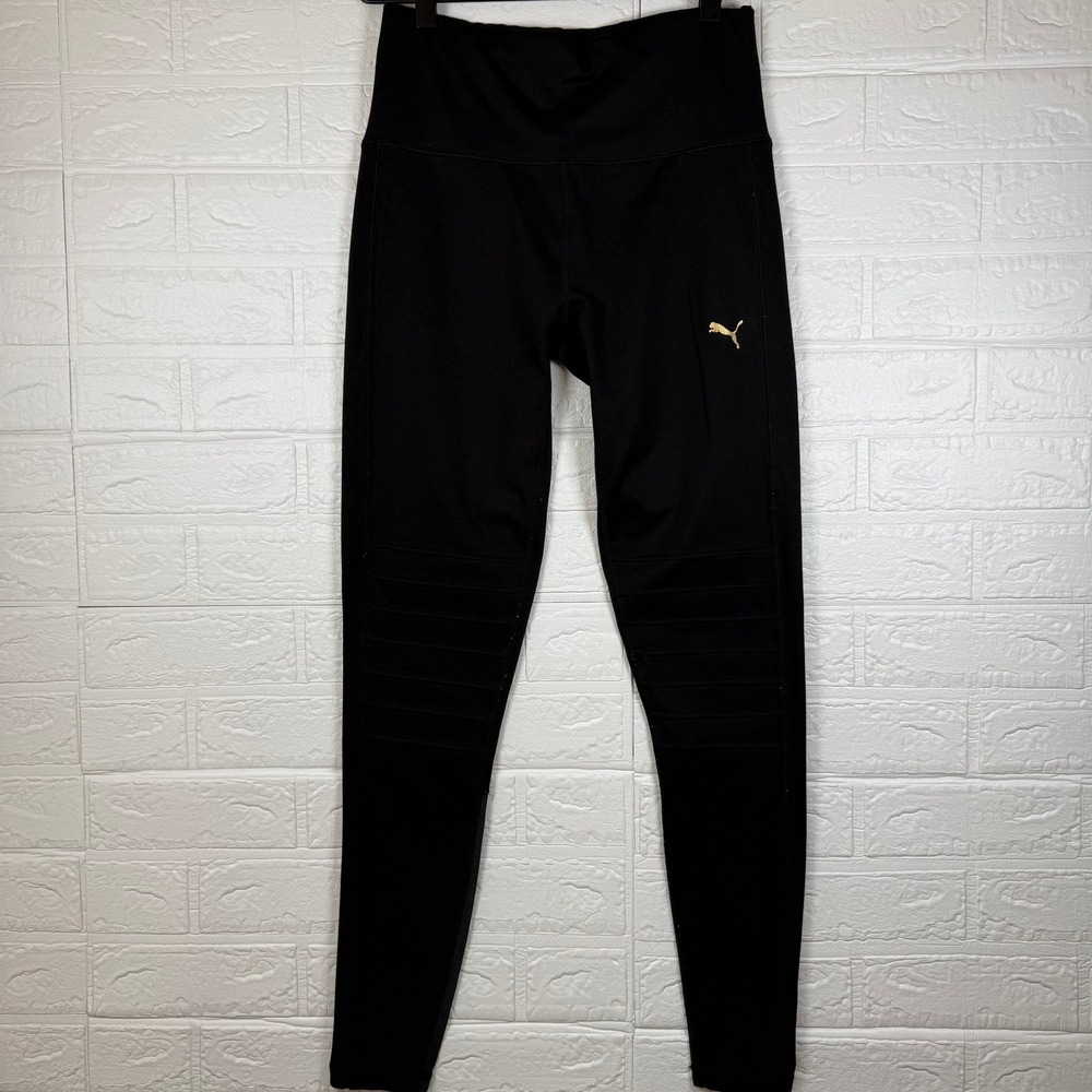 Puma Leggings Womens M Black Moto Ribbed Gold Logo Activewear